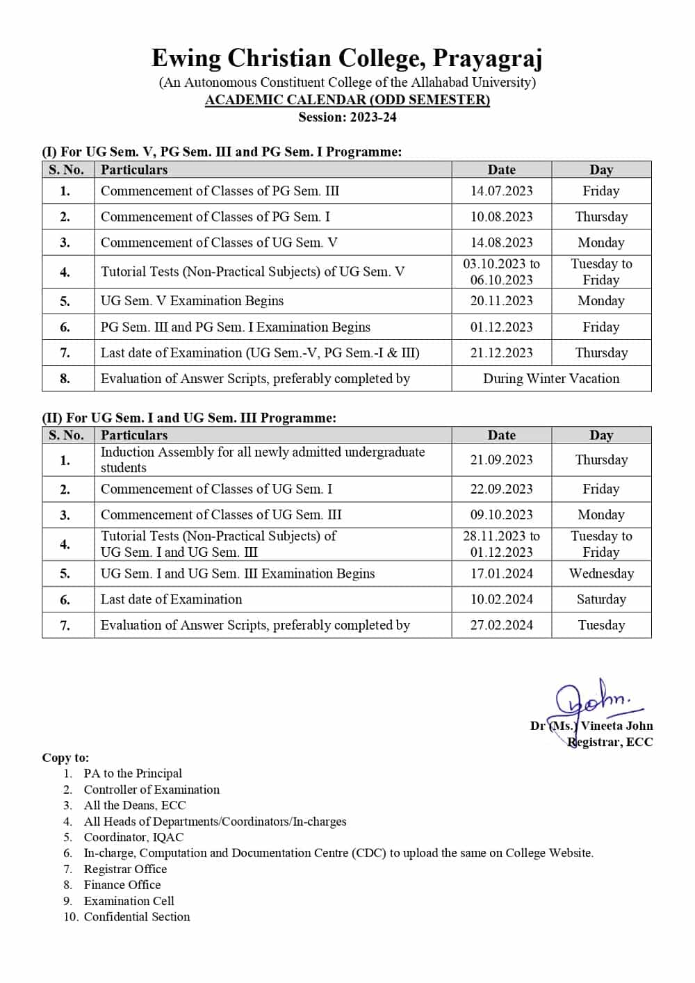 Academic Calendar Ewing Christian College Prayagraj.